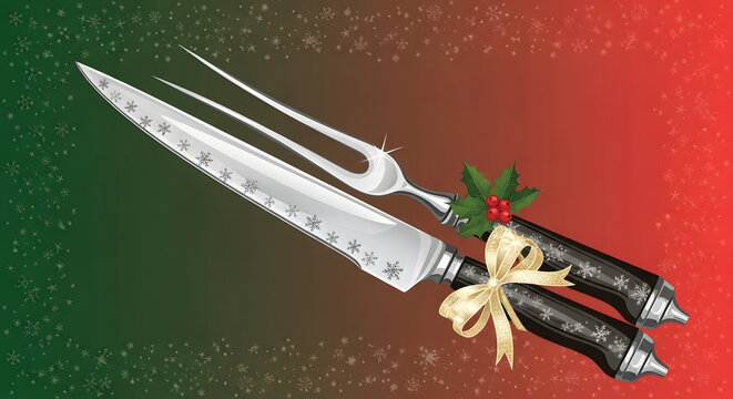 Festive Carving Set with Holly and Ribbon for Holiday Feasts
