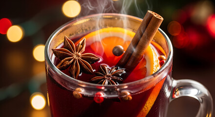 A comforting glass of hot red Christmas mulled wine with cinnamon, orange, and spices, a perfect winter beverage