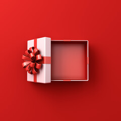 Blank white gift box mock up open or top view of white present box product showcase tied with red ribbon bow isolated on dark red background with shadow minimal conceptual 3D rendering
