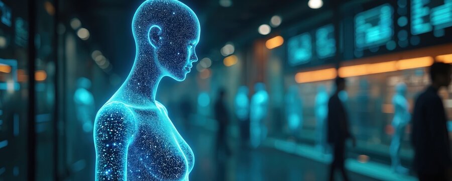 Digital human body form glows with light particles. Futuristic virtual mannequin displays futuristic patterns. Innovation in fashion design and textile creation.