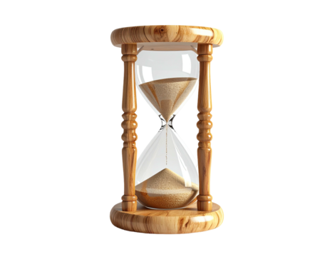 A detailed view of a wooden hourglass with flowing sand on a black background