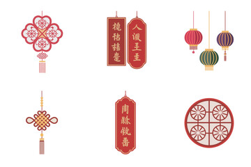 Outline color icons for Asian festival, illustrating scrolls, lanterns, knots, and various decorative good fortune symbols,