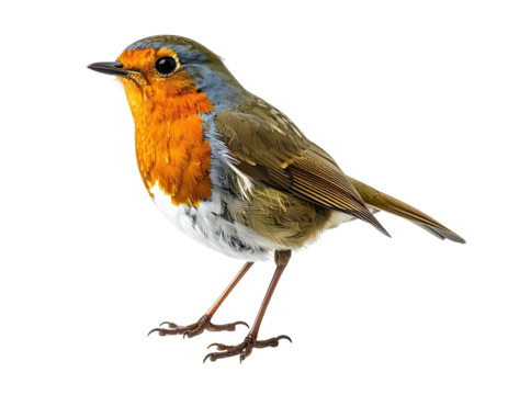 A side profile of a small bird with a vibrant orange chest, perched, isolated