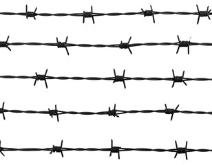 Close-up of multiple strands of dark barbed wire against a stark black backdrop