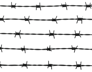 Close-up of multiple strands of dark barbed wire against a stark black backdrop