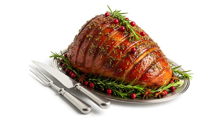 Holiday Glazed Ham with Herbs and Berries on a Serving Platter
