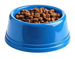 Close-up of a blue pet bowl overflowing with dry, brown, kibble against black bg