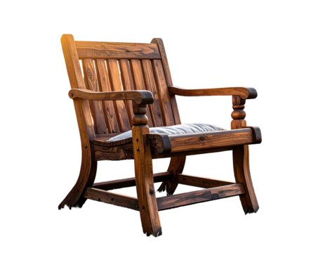 Rustic wooden armchair with a cushion, set against an empty black background