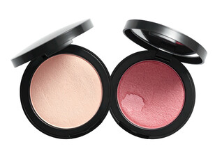 Two open cosmetic compacts, one pale, one rose-toned, on a stark black background