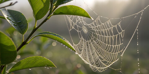 A glistening spiderweb hangs delicately between lush green leaves, illuminated by the soft morning light, creating a serene and enchanting natural scene