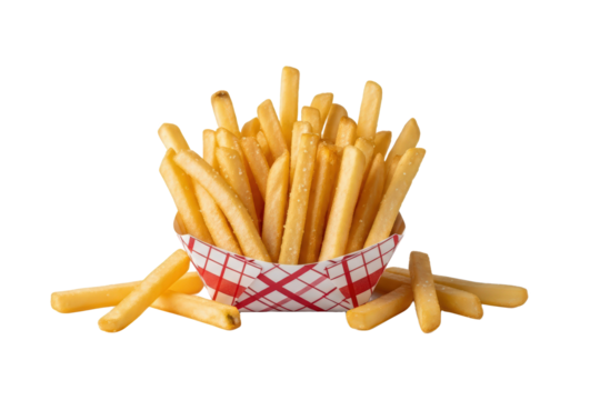 Golden French Fries With Salt Sprinkled In A Red And White Cardboard Container isolated on Transparent Background