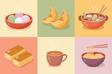 Flat vector icons for Chinese cuisine, featuring dumplings, noodles, steamed buns, representing traditional Asian dishes,
