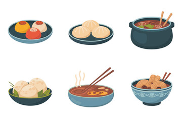 Outline color icons for traditional food, illustrating dumplings, noodles, steamed buns, representing traditional Asian cuisine,