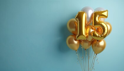 Gold number fifteen balloons float on blue background. Festive decor for birthday anniversary party or celebration event. Shiny helium filled air ornaments add joy and create happy mood.