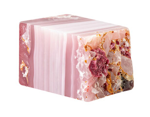 A layered, geometric pink mineral displays a textured surface with embedded crystals
