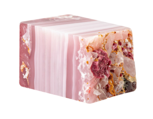 A layered, geometric pink mineral displays a textured surface with embedded crystals