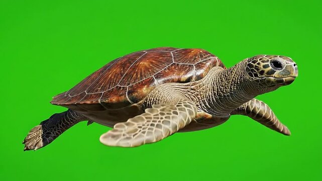 Isolated Sea Turtle Floating Against a Green Screen Background Ideal For VFX Projects And Educational Content