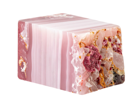 A layered, geometric pink mineral displays a textured surface with embedded crystals