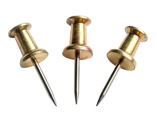 Three gold-toned pushpins with shiny metallic needles, isolated on black