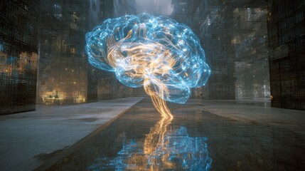 Futuristic depiction of a glowing brain, symbolizing innovation and technology in a modern environment.