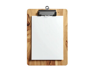 A clipboard holds blank paper against a wooden background, seen from above