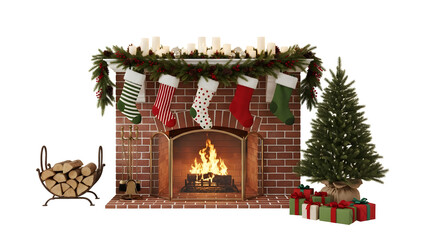 Cozy Christmas fireplace scene with stockings, tree, and firewood