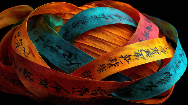 Colorful ribbons with Chinese poetry on them create vibrant display for festival lantern. These ribbons symbolize joy and celebration