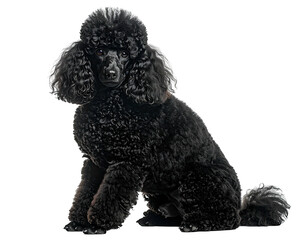 A poised, black poodle sits attentively, its curly fur a striking visual