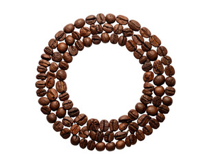 A ring of roasted coffee beans arranged against a pure black backdrop