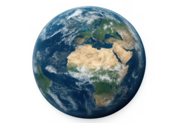 Planet earth rotating in space with blue oceans and continents, showing africa and europe, on a transparent background