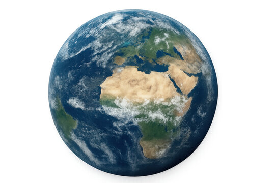 Planet earth rotating in space with blue oceans and continents, showing africa and europe, on a transparent background