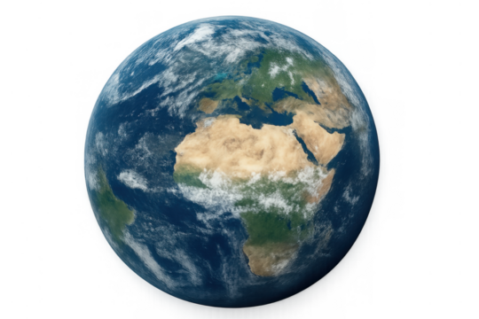 Planet earth rotating in space with blue oceans and continents, showing africa and europe, on a transparent background