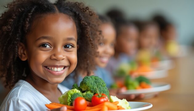 Young girl holding plate with healthy food. Children in background holding similar plates with vegetables, fruits. Kids eating nutritious meal together. Happy diverse children enjoying healthy