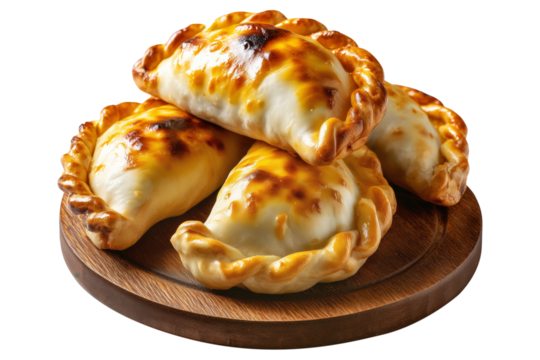 Argentina and Uruguay empanadas stacked in a pyramid, golden baked crust, meat and potato filling on wooden plate, isolated on white transparent background, concept of traditional South American Cuisi