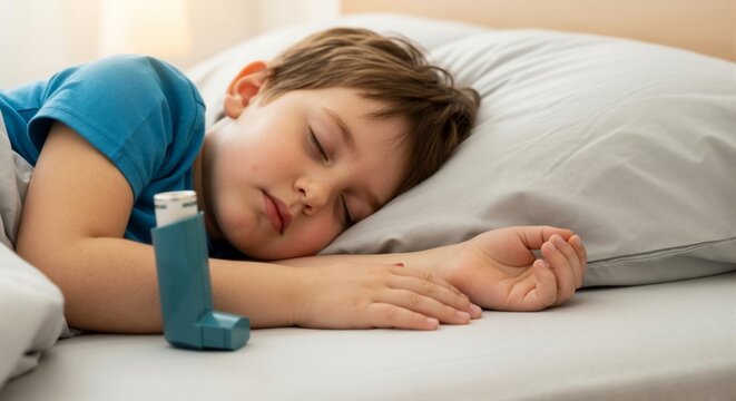 A child lies on a bed with an inhaler near his hand, a homely atmosphere, care for respiratory health, soft morning light in the room