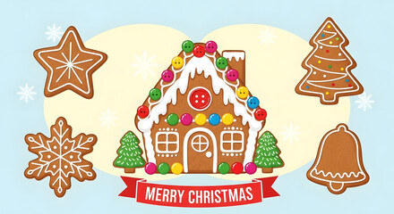 Festive Christmas Gingerbread House and Cutout Cookies with Merry Christmas Banner