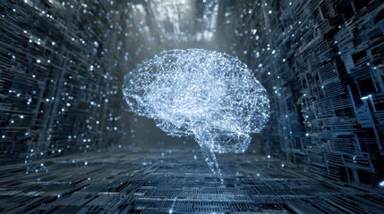 Futuristic digital brain representation in a networked environment, symbolizing artificial intelligence and data processing.