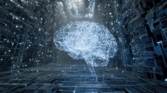 Futuristic digital brain representation in a networked environment, symbolizing artificial intelligence and data processing.