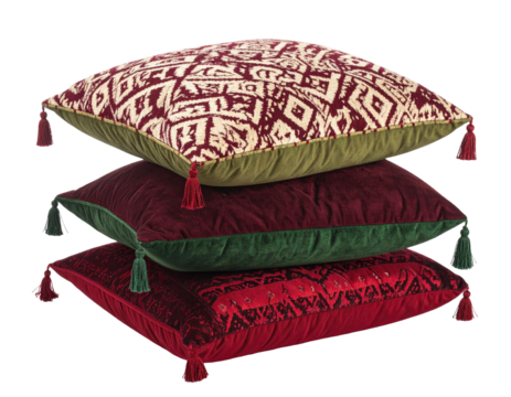 Three plush, square decorative pillows stacked, displaying a textured design & tassels