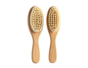 Two wooden-handled oval-head brushes with natural bristles, against a black background