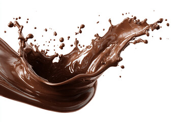 Fototapeta premium A rich brown liquid chocolate splash with swirling forms and droplets on a pure white background
