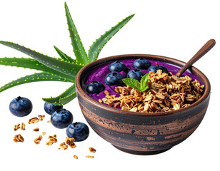 Healthy purple smoothie bowl with blueberries, granola, and aloe vera