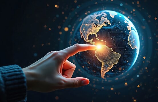 Human finger touches glowing digital planet earth with circuits. Global network connection and big data concept. Future tech innovation and digital transformation in business.