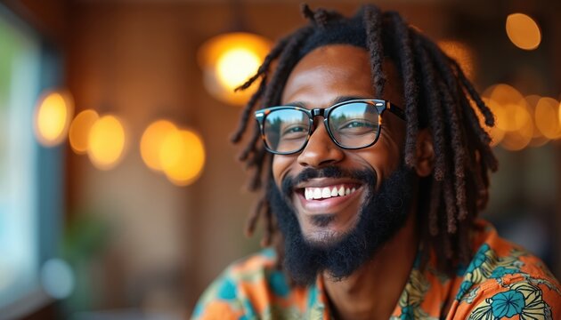Smiling black man with dreadlocks and beard wears glasses and colorful shirt. Happy male with eyewear has joyful expression in relaxed indoor setting with bokeh lights in background.