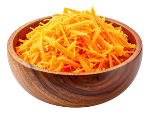 Grated bright orange cheddar cheese overflowing from a warm, wooden bowl