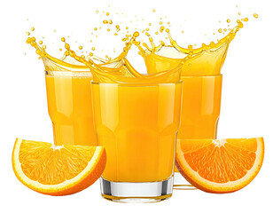 Three juice-filled glasses with splash, plus orange slices, against a black background