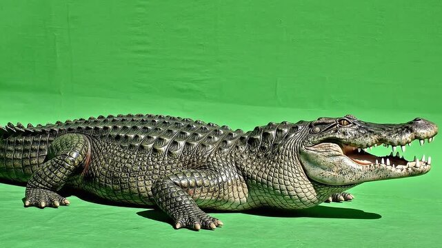 Large American Alligator Displays Sharp Teeth With Mouth Open Against a Vibrant Green Screen Background Showing Detailed Scales and Texture