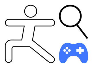 Obraz premium Stick figure poses dynamically, magnifying glass suggests exploration, and a blue game controller emphasizes fun and technology. Ideal for action, discovery, research, gaming, education, play