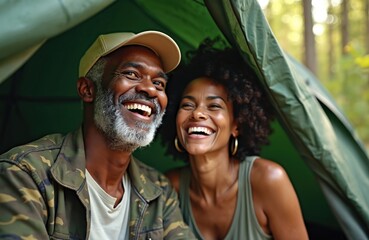 Smiling senior African American couple inside a green tent in forest. They share joyful laughter enjoying summer outdoors. This image represents connection happiness and active retirement lifestyle.