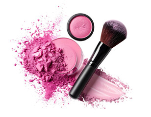 Pink blush makeup products open compacts, brush, powder mess, and swatch, on black